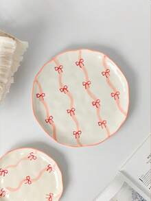Korean Ins Style Hand-Painted Ribbon Bow Ceramic Plate, 6 Inch, 8 Inch Dessert Plate, Cake Plate, Fruit & Snack Plate, Tea Plate, Appetizer Plate, Nut Plate, Suitable For Home, Restaurant, Cafe, Bakery, Microwave - Multicolor - View 12