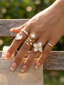 Bộ 6 chiếc nhẫn nhựa hình trái tim, mặt trời màu trắng, phong cách Bohemian cổ điển, trang sức cao cấp thích hợp đeo hàng ngày, dự tiệc, cưới hoặc làm quà tặng. - Vàng - Xem 2