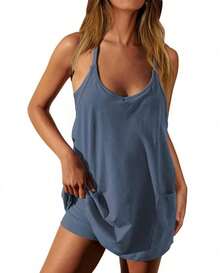 Womens Tennis Dress Workout Mini Dress With Shorts Sleeveless Spaghetti Straps Golf Athletic Dresses Mini Romper Dress Casual Workout Outfits Dresses For Women - 水藍色 - 查看 1
