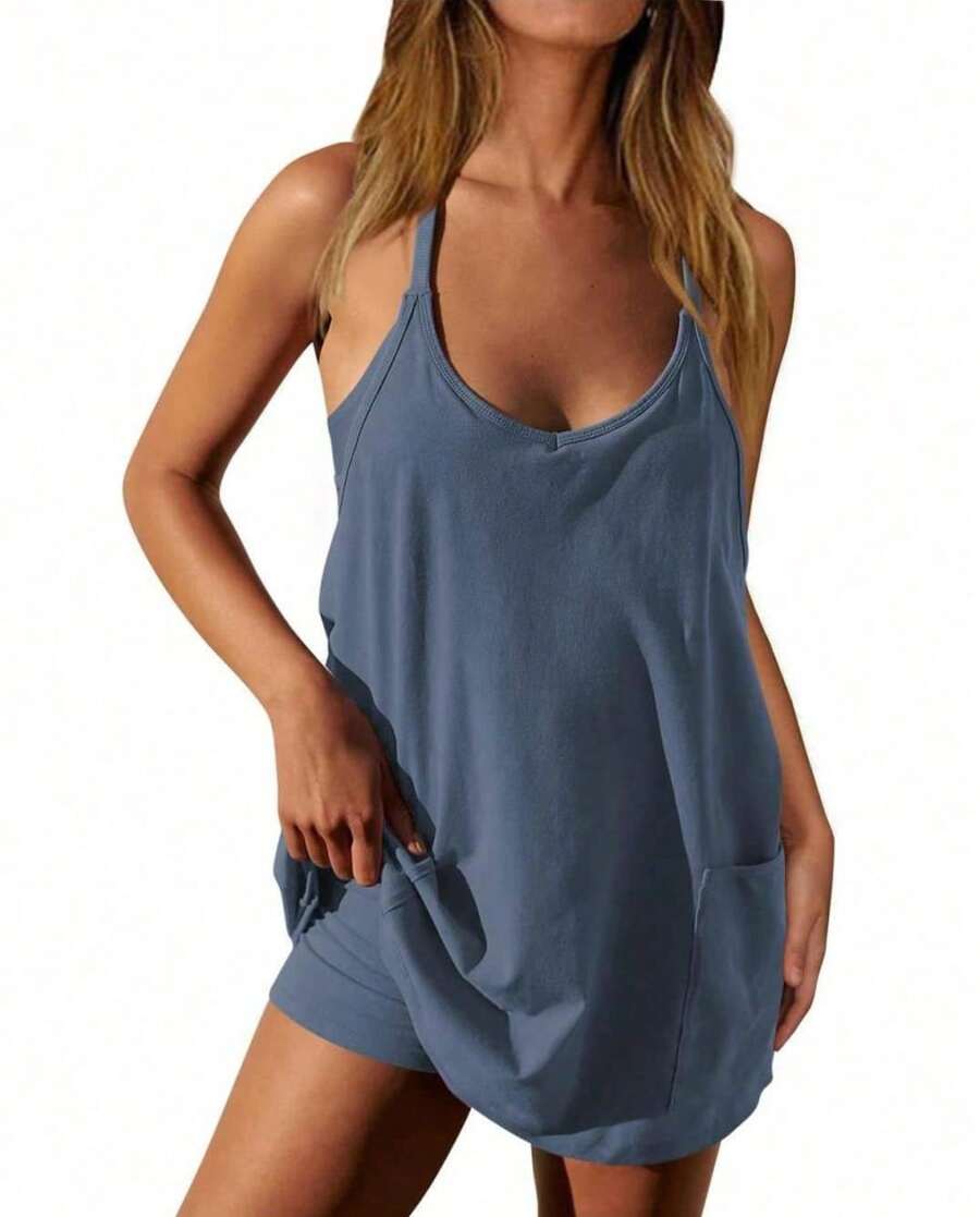 Womens Tennis Dress Workout Mini Dress With Shorts Sleeveless Spaghetti Straps Golf Athletic Dresses Mini Romper Dress Casual Workout Outfits Dresses For Women - 水藍色 - 查看 1