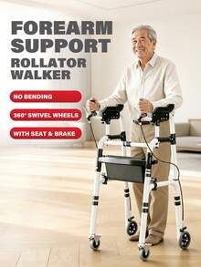 Andador con apoyo para el antebrazo con asiento y frenos, ruedas giratorias de 360°, altura ajustable, ayuda para la movilidad plegable y ligera de aleación de aluminio para personas mayores y ancianos, asistencia para caminar portátil, montaje sin herramientas - Modelo de gama alta (con frenos y asiento de cuero) - Ver 1