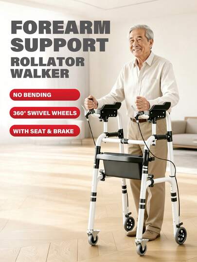 Forearm Support Rollator Walker With Seat & Brakes, 360° Swivel Wheels, Adjustable Height, Lightweight Foldable Aluminum Alloy Mobility Aid For Seniors & Elderly, Portable Walking Assistance, Tool-Free Assembly