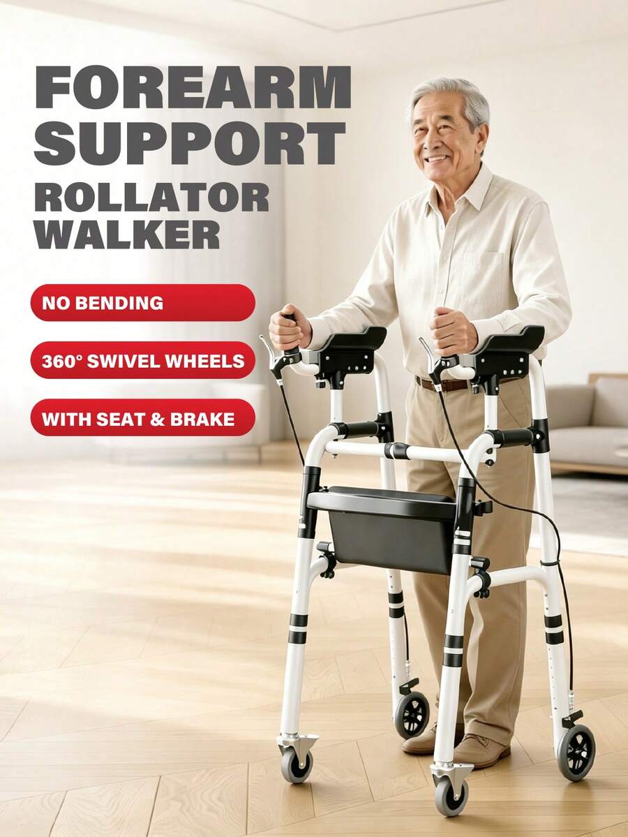 Andador con apoyo para el antebrazo con asiento y frenos, ruedas giratorias de 360°, altura ajustable, ayuda para la movilidad plegable y ligera de aleación de aluminio para personas mayores y ancianos, asistencia para caminar portátil, montaje sin herramientas - Modelo de gama alta (con frenos y asiento de cuero) - Ver 1