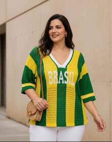 Brazil Women's Plus Size V-Neck Knit Blouse, Sizes M To XL, Brazilian National Team Style - 黃色 - 查看 1