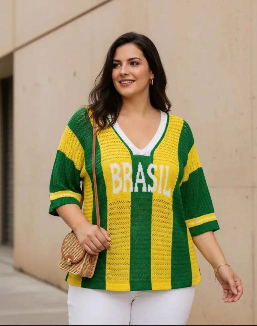 Brazil Women's Plus Size V-Neck Knit Blouse, Sizes M To XL, Brazilian National Team Style - 黃色 - 查看 1