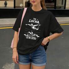 Camiseta Negra con Estampado de Lucha Libre y Texto Tu Lucha Es Mi Lucha para Mujer Casual - Negro - Ver 3
