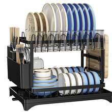 HanTai Escurreplatos de 2 niveles grande, escurreplatos extensible, escurreplatos de acero inoxidable antioxidante para encimera de cocina, escurreplatos multifuncional con soporte para utensilios y tazas - Negro - Ver 13