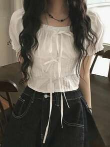 女款蝴蝶結領短袖襯衫，夏季白色，美學風格 - 白色 - 查看 8