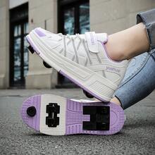 Girls/Boys 4-Wheel Adjustable Inline Skates With Brake, Transformable Roller Shoes, Suitable For All Seasons - White and Purple Four-wheel - View 2