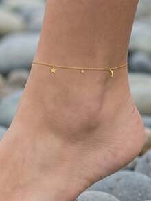 EleRunis 1 chiếc vòng đeo mắt cá chân bằng bạc sterling 925 mỏng manh, nhiều lớp, hình ngôi sao và mặt trăng, phong cách Boho, trang sức mùa hè kiểu Hawaii dành cho nữ và các cô gái yêu thích đi biển. - Vàng - Xem 2