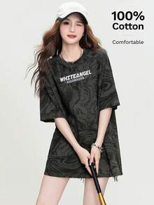 JUTU English Graphic All-Over Print Short Sleeve Round Neck Loose Knit Heather Grey Women Top, Elegant For Party, Summer, Valentine's Day Casual - 0A66  Gray - KJ0221 - View 1