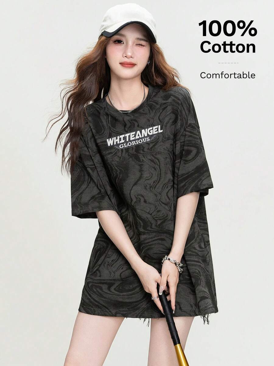 JUTU English Graphic All-Over Print Short Sleeve Round Neck Loose Knit Heather Grey Women Top, Elegant For Party, Summer, Valentine's Day Casual - 0A66  Gray - KJ0221 - View 1