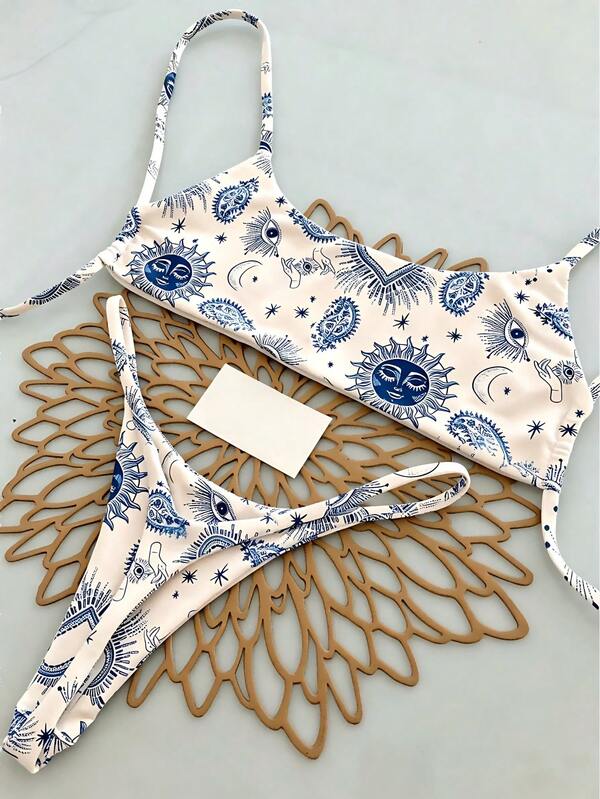 2 piezas Traje de baño tipo bikini con detalles a contraste de corazón, estampado de leopardo y estrella, en estilo casual, lindo, elegante y sexy, con técnica de teñido anudado y ganchillo, para playa y vacaciones de primavera/verano