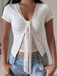 Women's White Deep V Neck Short Sleeve Polyester T-Shirt With Contrast Lace And Slit Hem Semi-Sheer High Stretch Regular Fit Top Casual Summer - White - View 4