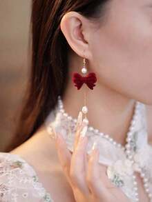 1 Pair Fashionable & Versatile Bow Tassel Earrings Valentines,Mom,Mother,Mother's Day,Gift - Red 2 - View 4