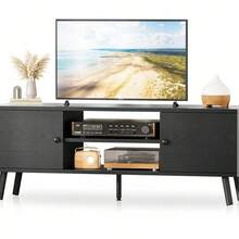 TV Stand With 2 Cabinet, Modern Mid Century Media Console Table For Living Room Office Furniture,Black - 1PC - Ver 10