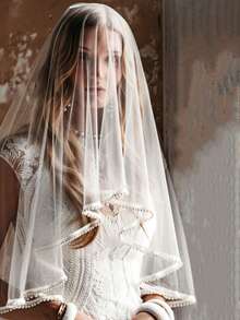 1 Stück luxuriöser Brautschleier mit Perlenkante, modischer doppellagiger Hochzeitsschleier mit Perlen, Braut-Hochzeits-Accessoire Schleier - Beige - Übersicht 3