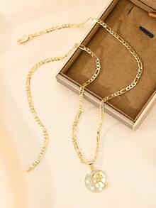 1pc 14K Gold Plated Copper Vintage Religious Personalized Cross Figaro Chain Necklace, Exquisitely Crafted With Superior Quality, Blending Sacred Elements With Fashion Design, Specially Made For Catholic First Communion And Baptism Gifts, Suitable For Various Occasions, Conveying Faith And Beauty - Yellow Gold - View 5