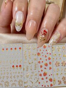 4 piezas de pegatinas de arte de uñas con estampado floral vintage y ribete dorado - Rosas rojas y fresas con brillo - Decoraciones de uñas 3D de textura lujosa francesa para DIY - Adecuado para primavera/verano, bodas, citas, tardes de té - Multicolor - Ver 2