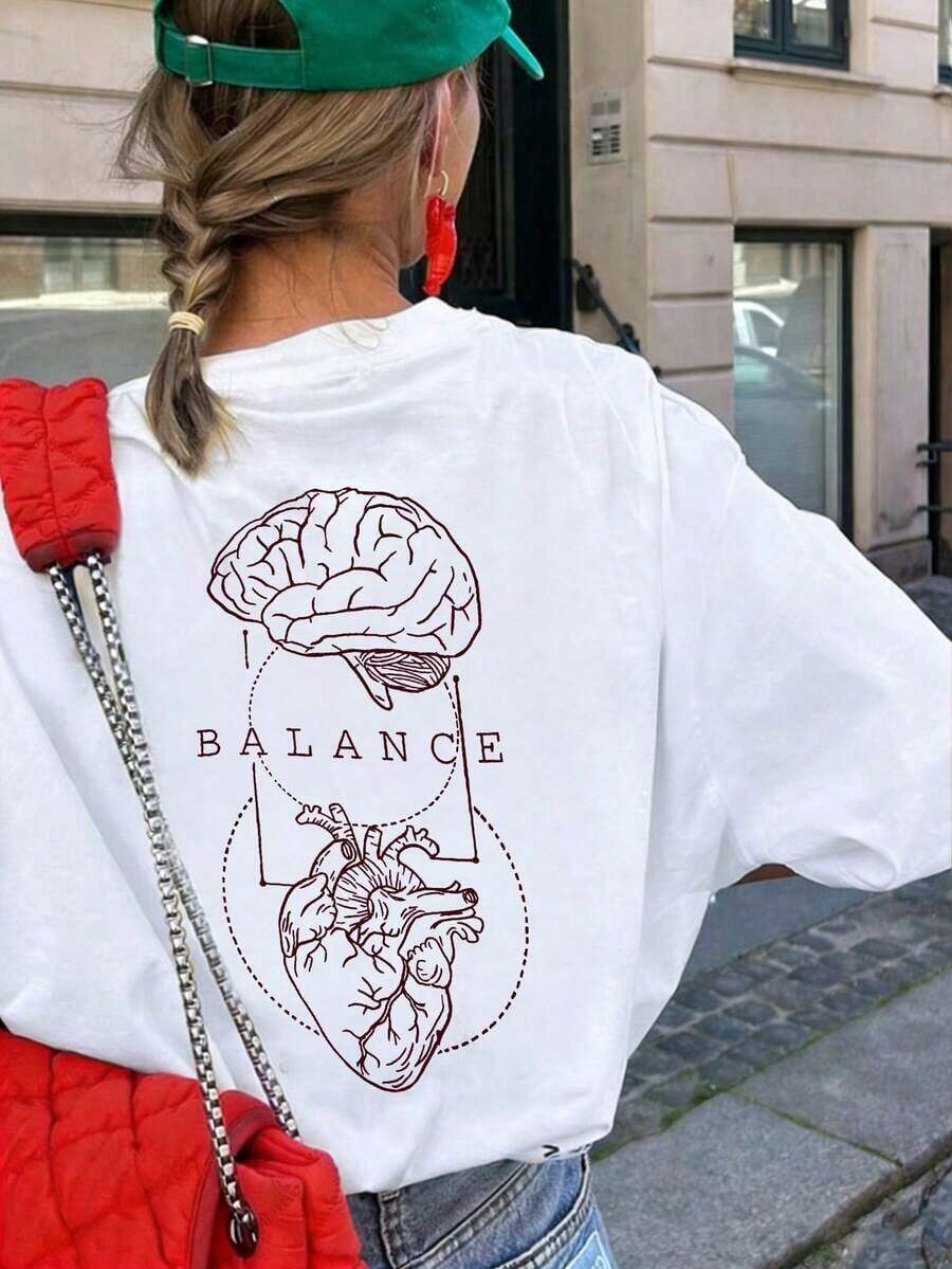 Women's Casual T-Shirt With A Brain And Heart Anatomy Print, Loose And Oversized Fit, Street Style With A Round Neck And Short Sleeves, Suitable For Work, Urban Travel, Summer Outings, Meetings With Friends, And Weekend Brunch. - 白色 - 查看 1
