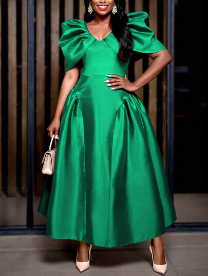 Elegant A-Line Long Party Dress With Ruffle Half Petal Sleeves, Cocktail Formal Gown