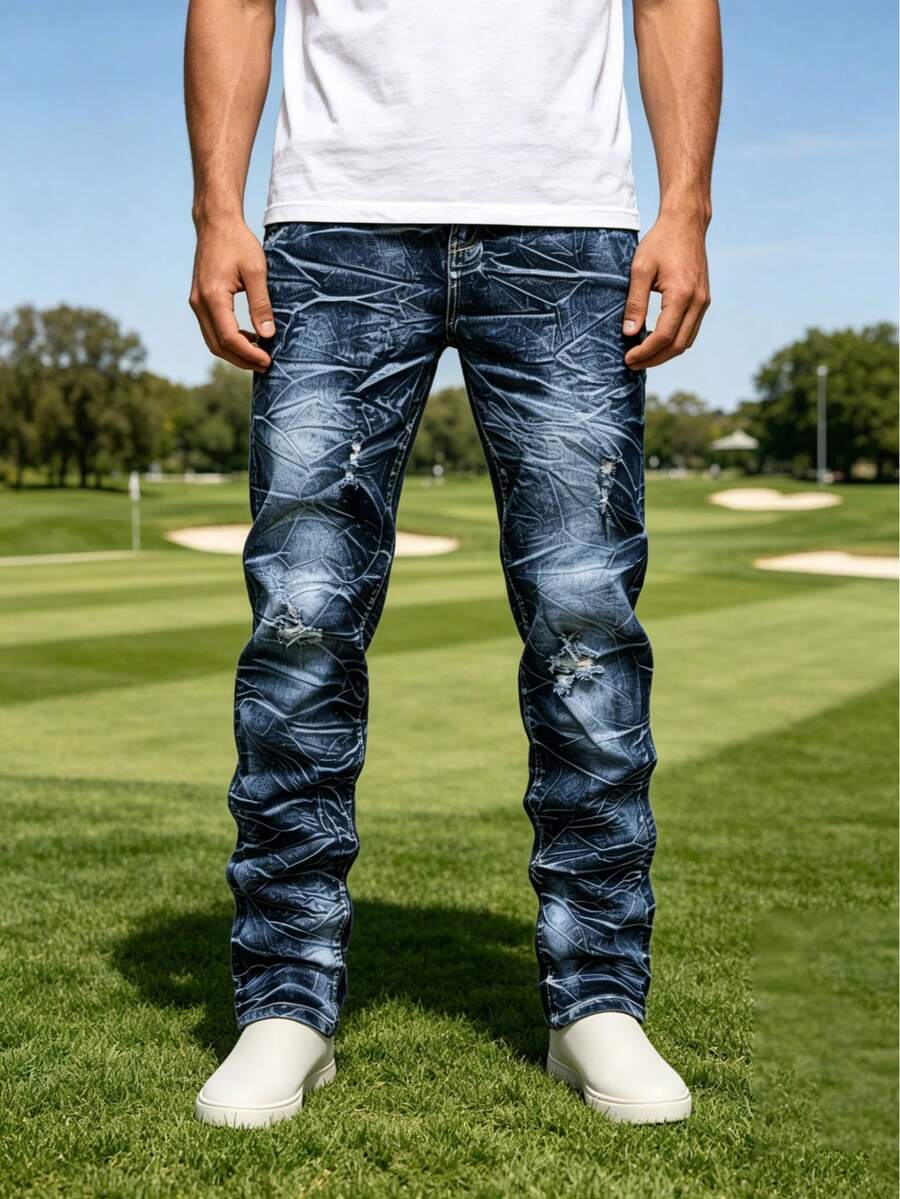 Men Stretch Slim Straight Cargo Jeans, Dark Blue Crack Washed Distressed Denim Pants With Multi Functional Pockets, All Season Daily Street Casual Out