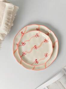 Korean Ins Style Hand-Painted Ribbon Bow Ceramic Plate, 6 Inch, 8 Inch Dessert Plate, Cake Plate, Fruit & Snack Plate, Tea Plate, Appetizer Plate, Nut Plate, Suitable For Home, Restaurant, Cafe, Bakery, Microwave - Multicolor - View 5