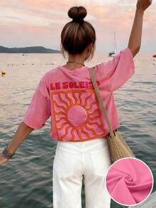Camiseta holgada de estilo bohemio Y2K para mujer, estampado minimalista de letras inglesas con cuello redondo para ir al trabajo, volver al colegio, brunch, verano rosa - Rosa - Ver 5