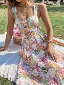 MOD Vestido elegante de mujer con estampado floral, cintura ceñida y tirantes gruesos - Multicolor - Ver 2