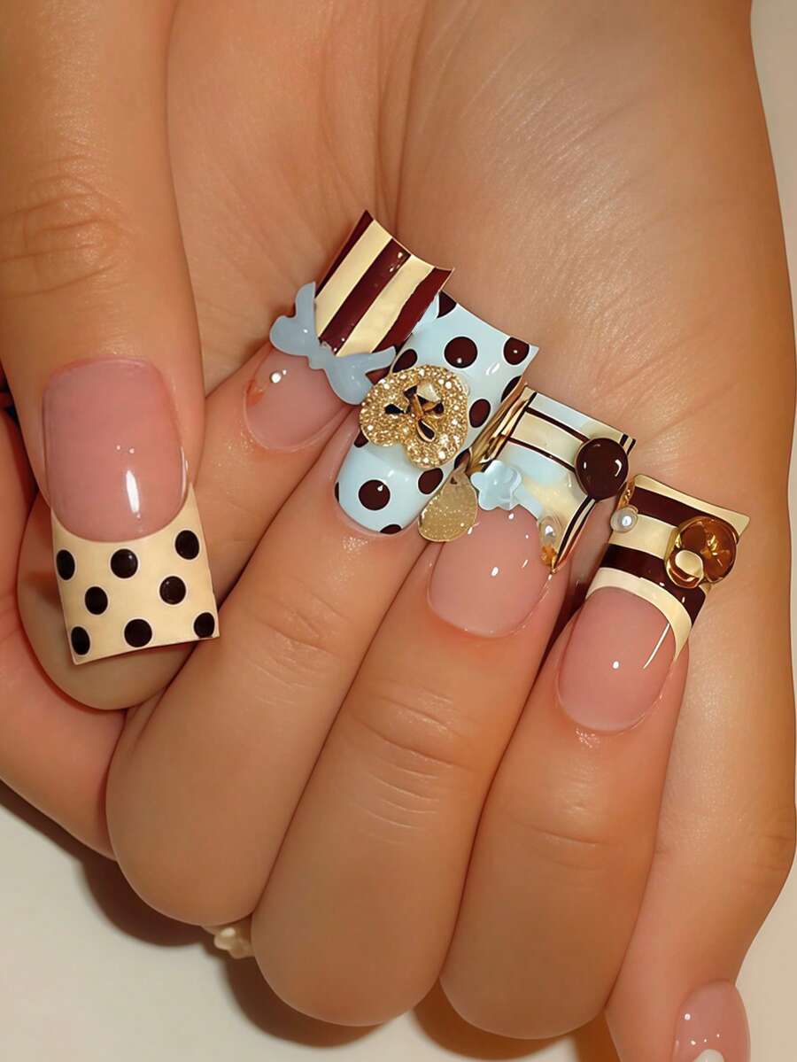 Upgrade Your Look With Y2K Style! Transform Your Nails With 24pcs Medium Square Shape Press-On Fake Gel Nails Fashionable And Cute Style Blue And Yellow Color Blocking Polka Dots French Stripes Luxurious 3D Metallic Rhinestone Heart Shaped Key And Lock Press On Nails - Multicolor - View 1