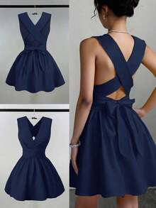 Vestido mini elegante y sexy para invitada de boda con cuello en V cruzado, sin mangas y silueta evasé, diseño versátil para conciertos, playa, fiestas, primavera/verano, con bolsillos, vestido de noche con espalda descubierta, color amarillo mantequilla - Azul marino - Ver 3