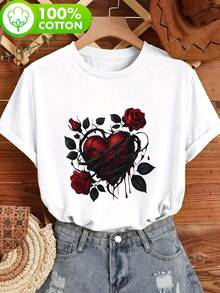 Áo thun nữ cổ tròn tay ngắn bằng chất liệu cotton nguyên chất, kiểu dáng thoải mái, dễ mặc. Họa tiết in hình trái tim phủ gai, thích hợp cho đi làm, đi học và những buổi đi chơi thường ngày vào mùa xuân, hè và thu. Màu trắng. - trắng - Xem 1