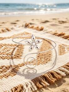 18K Gold/Silver Plated Floral Swirl Open Cuff Bracelet (With Pearl Accents), Bohemian Style Resort Stainless Steel Waterproof Ocean Theme Arm Cuff (2 Colors Available) For Women - Gold - View 6
