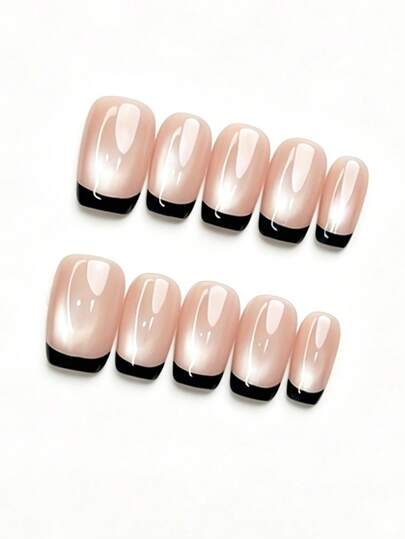 10pcs Handmade Nail Stickers, Glossy Black French Tips, Clean Lines, Strong Contrast With Nude Pink Base, Cool Yet Gentle Korean Heroine Vibe, Neat Short Square Nail Shape, Clean Lines, Fresh And Capable Aura, More Versatile Than Pointed Nails, Suitable For All Occupations And Hand Types, Can Visually Narrow The Nail Bed, Discreet, The "Signature Nail Shape" For Commuters.