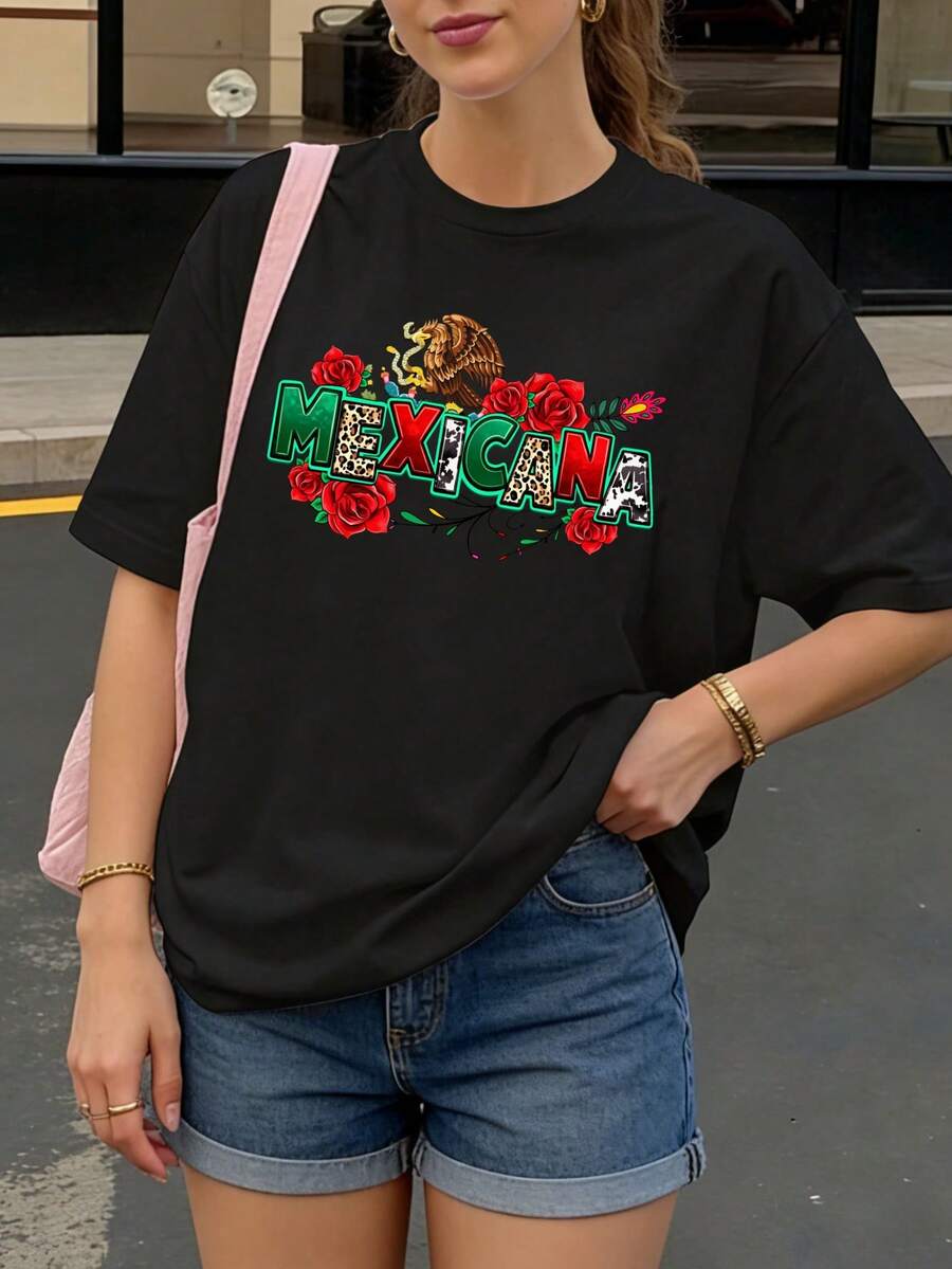 Camiseta Negra Mexicana con Estampado de Rosas y Águila para Mujer Casual Verano - Negro - Ver 1