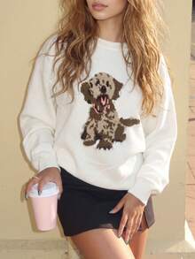 Autumn Women's Cream-Colored Dog Pattern Sweater, Suitable For Campus, Back To School Events, Cute Top, Y2K Streetwear Retro Style, Teacher - Multicolor - View 5
