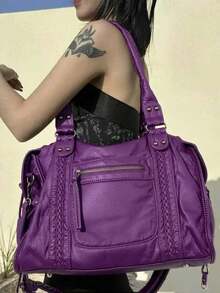 Women's Fashion Street Punk Retro Shoulder Bag, Large Capacity Y2K Biker Handbag, Vegan Leather City Commuter Bag, Detachable Strap Crossbody Bag, Suitable For Daily Use And Gatherings, Great Gift, New Ladies Handbag , Punk - Màu tím - Xem 2