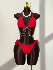 Mistrie 2pcs Women Summer Beach Vacation Metal Chain Pendant Strap Red Bikini Swimwear Set, Split Swimwear - Red - View 1