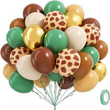 Conjunto de 35 balões de 30 cm com tema de aventura na selva - Verde sálvia, marrom, dourado e creme com estampas de girafa e animais da floresta - Perfeito para batizado, aniversário e festas de meninos - Decoração para festas | Decorações com tema de selva | Balões duráveis, fitas verdes para decoração de aniversário com tema de selva - Ver 1