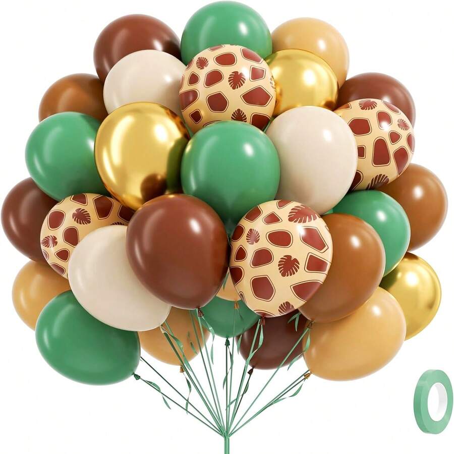 Conjunto de 35 balões de 30 cm com tema de aventura na selva - Verde sálvia, marrom, dourado e creme com estampas de girafa e animais da floresta - Perfeito para batizado, aniversário e festas de meninos - Decoração para festas | Decorações com tema de selva | Balões duráveis, fitas verdes para decoração de aniversário com tema de selva - Ver 1