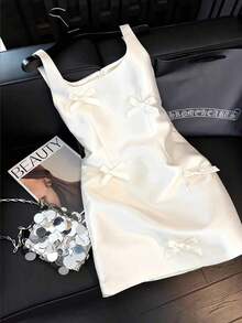 Vestido mini de estilo francés con tirantes de acetato y lazo, vestido elegante con cintura ceñida en color albaricoque, adecuado para fiestas, graduaciones, vacaciones, San Valentín, festivales de música, Día de la Madre, Acción de Gracias, Pascua, Día Nacional, bailes, citas, bodas, salidas - Albaricoque - Ver 12