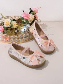 1 par de zapatos estilo chino Mary Jane nuevos, zapatos de cuero con punta redonda y slip-on, bordados florales retro, tacón plano, adecuados para atuendos, rosa suave con lazo, apropiados para actuaciones, niñas de las flores, festivales - Rosa Pálido - Ver 4