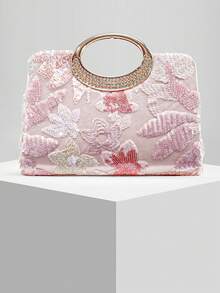 New European And American Fashion Pearl Embroidered Box Clutch Bag, Wedding/Evening Party Purse, Random Pattern - Pink - View 1