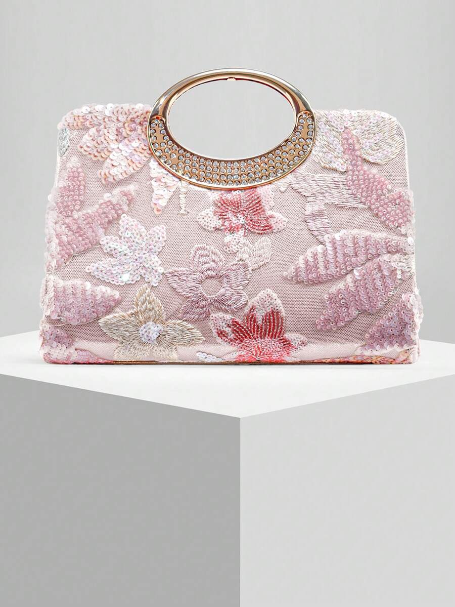 New European And American Fashion Pearl Embroidered Box Clutch Bag, Wedding/Evening Party Purse, Random Pattern - Pink - View 1