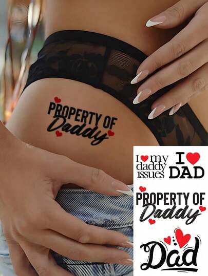 1 Sheets Small Size Body Art Temporary Tattoo Stickers For Men And Women, English Text Property Of Daddy, I Love Dad, Dad Red Love Pattern, Tease Naughty Style, Waterproof Fake Tattoo, Lasts 2-5 Days, Covering Scars, Can Be Used On Arms Wrist Shoulders Legs Waist Neck Hand Chest Thighs Finger, Best Friend Couple Tattoo,Lover,Cosplay