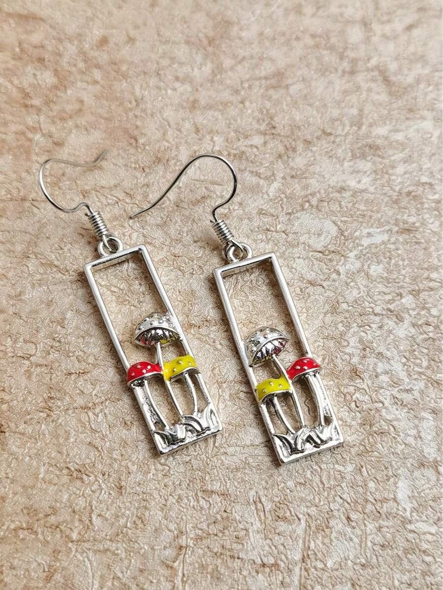 1 paire de boucles d'oreilles pendantes rectangulaires ajourées en forme de champignon, inspirées de la nature. Convient pour les vacances et le port quotidien des femmes. - Argent - Voir 1