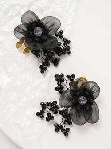 1Pc Delicate Mesh Flower Button Cover & Cufflink Alternative, Detachable Organza Floral Button Clip For Women, Beaded Tassel Shirt/Dress Button Decoration, Elegant Handmade Button Cover For Wedding, Prom, Evening Party, Bride Accessory & Thoughtful Gift - Flowers - View 7