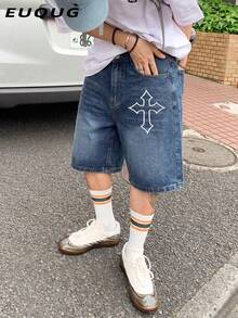 Quần short denim nam dáng rộng, in họa tiết chéo, có túi, kiểu dáng thường ngày. - Màu xanh lam - Xem 5
