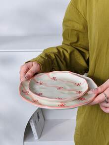 Korean Ins Style Hand-Painted Ribbon Bow Ceramic Plate, 6 Inch, 8 Inch Dessert Plate, Cake Plate, Fruit & Snack Plate, Tea Plate, Appetizer Plate, Nut Plate, Suitable For Home, Restaurant, Cafe, Bakery, Microwave - Multicolor - View 6