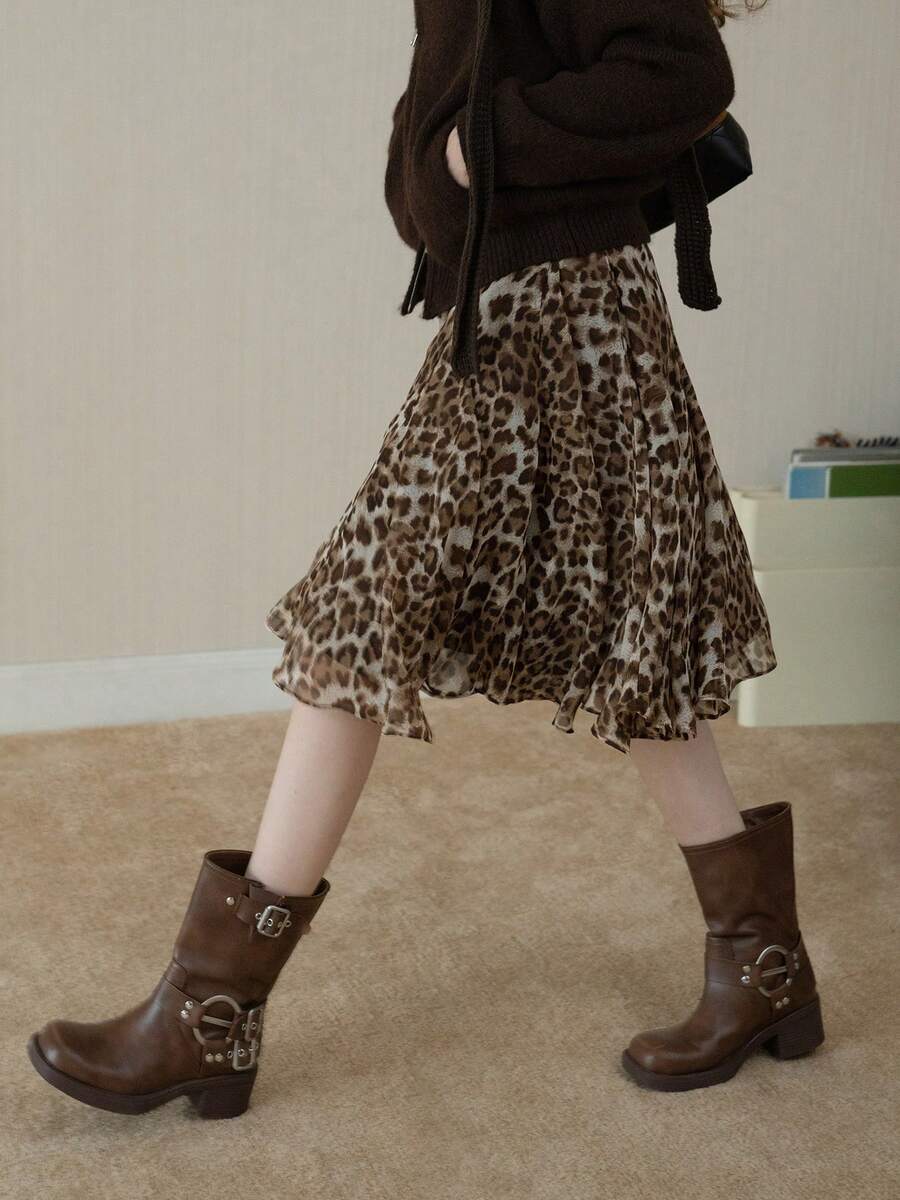 Rok A-Line Longgar Motif Leopard Terbaru, Rok Kasual dengan Hem Bergelombang untuk Wanita, Musim Semi & Gugur - Khaki - View 1